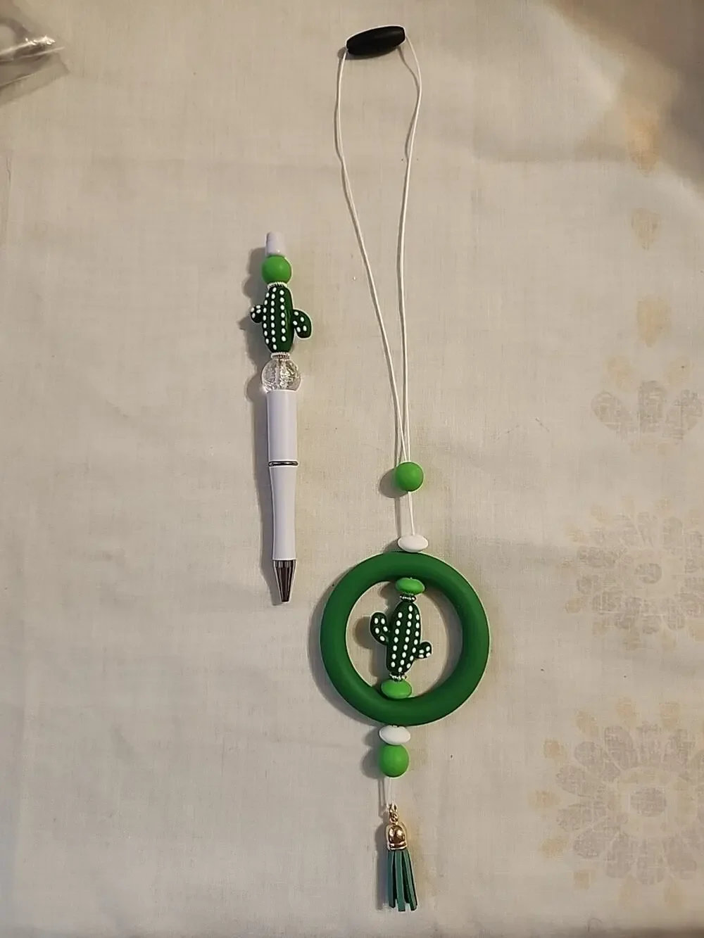 Car Charm For Rear View & Bed Pen Combo Dark Green Cactus White Tassel